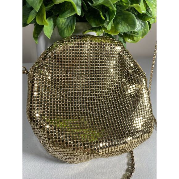 Paola Del Lungo Purse Small Shiny Metallic Gold Mesh Round Cocktail Wedding MINT - Picture 5 of 8